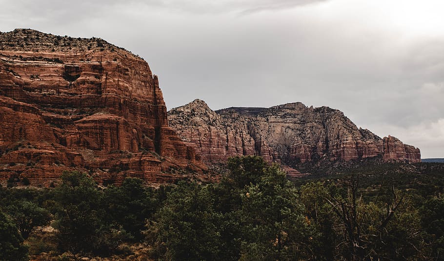 gray mountain surrounded with green plants, canyon, outdoors HD wallpaper