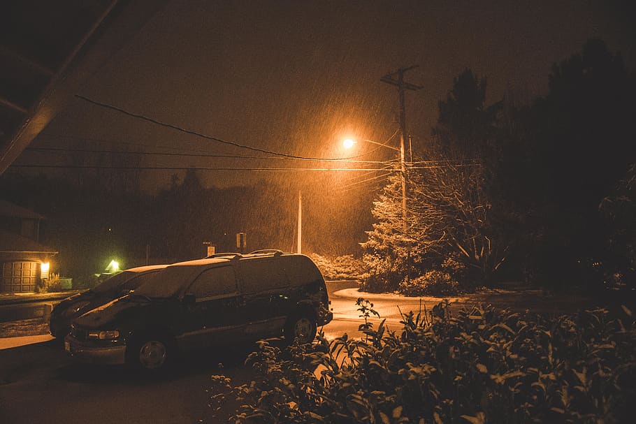 snow, car, rain, trees, road, neighborhood, vintage, icy, flowers HD wallpaper