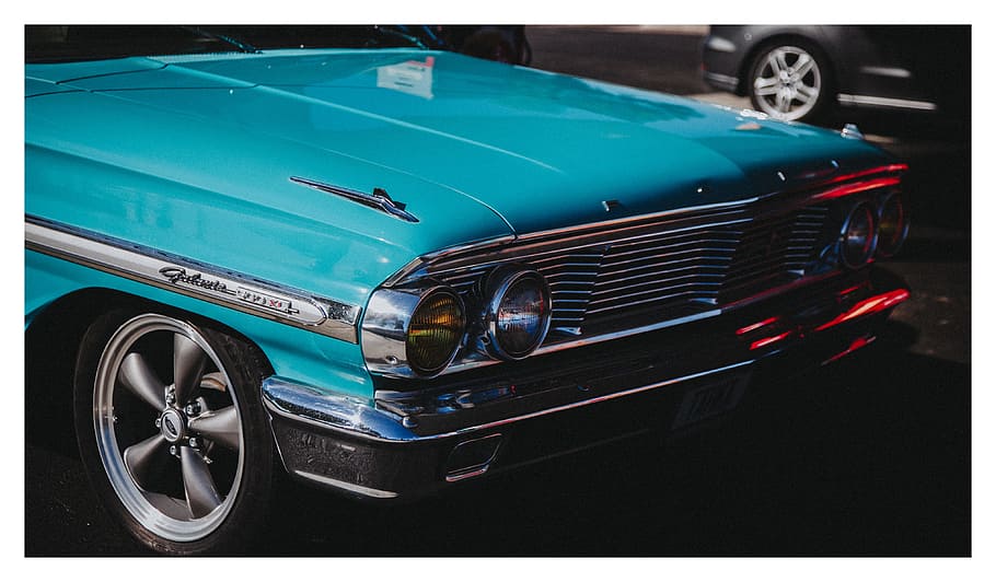 green car, vehicle, headlight, low rider, muscle car, blue, dark, HD wallpaper