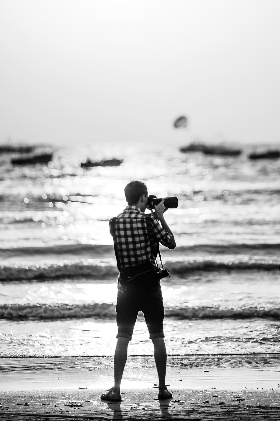 photography, camera, sea, water, beach, rear view, real people HD wallpaper