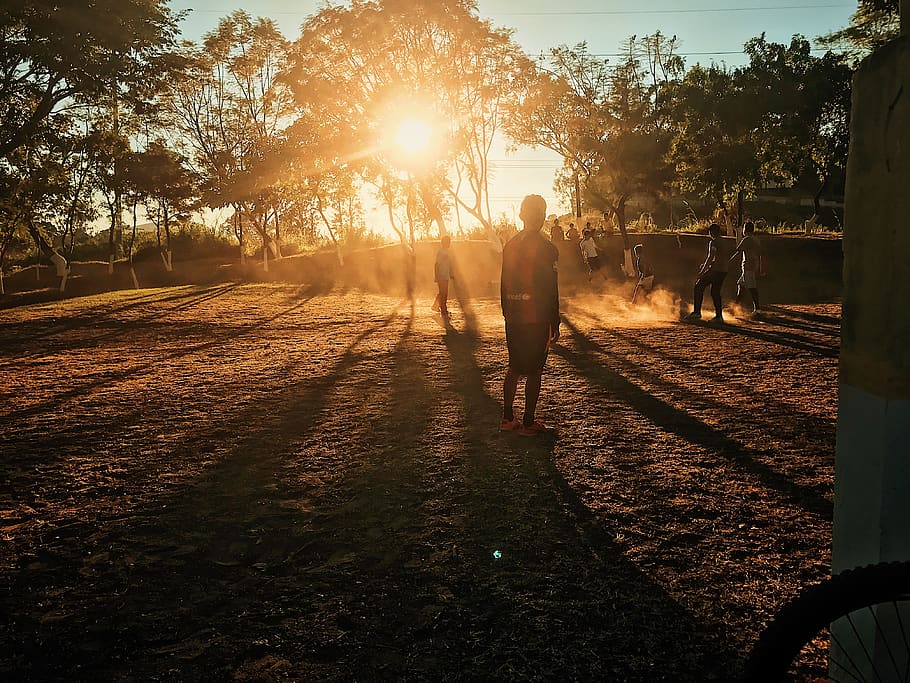 soccer, ball, game, kids, dust, sunset, trees, sunlight, plant, HD wallpaper