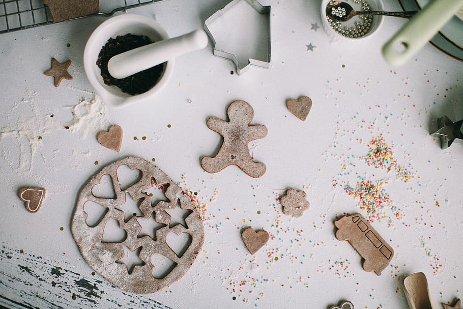 Gingerbread Cardboard Decor on White Surface, bright, chocolates