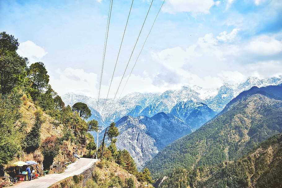 Aerial View of Road on Mountain With Utility Post, clouds, daylight HD wallpaper