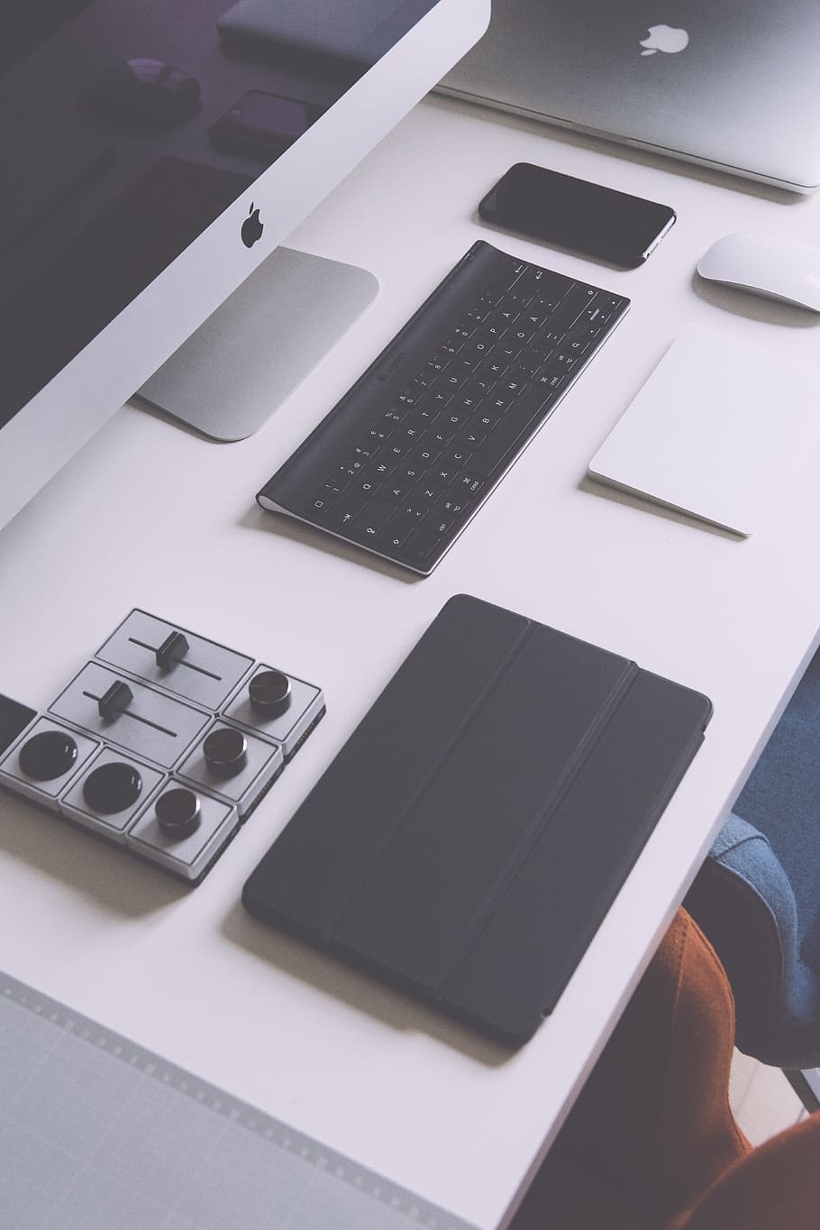 flat lay photography of black iPad case, Apple wireless keyboard, iMac on white table, HD wallpaper