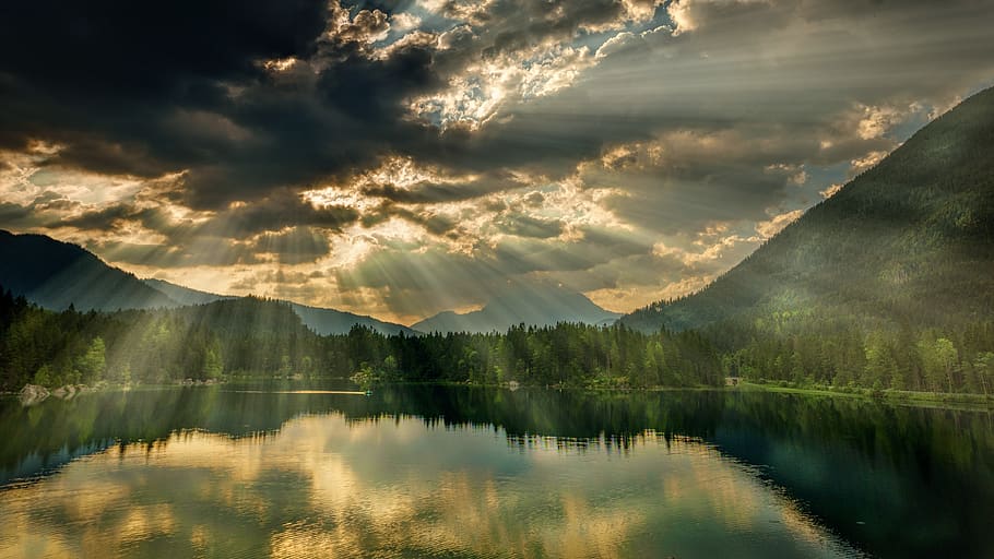 Trees Near Body Of Water Under Dark Clouds, calm, landscape, mountain HD wallpaper