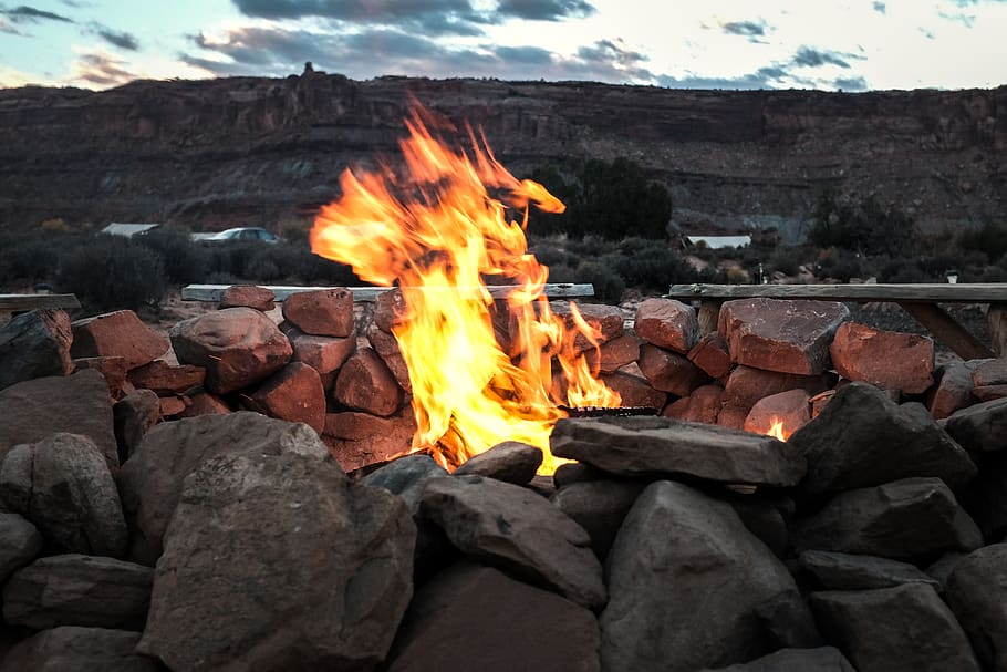 heat, fire pit, rocks, flamme, burning, heat - temperature, HD wallpaper