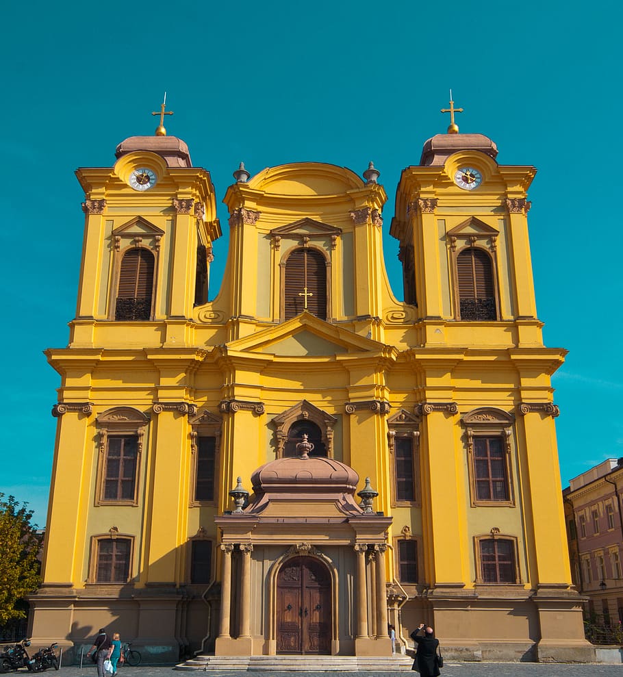 romania, timisoara, church, yellow, blue, blue sky, tyler hendy, HD wallpaper