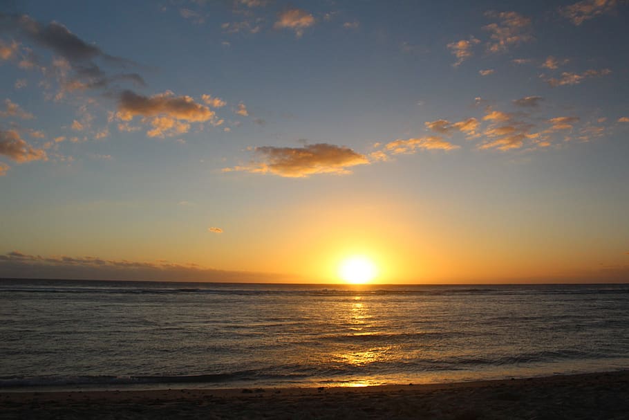 sun, setting, sea, nature, sky, mood, evening, landscape, clouds HD wallpaper