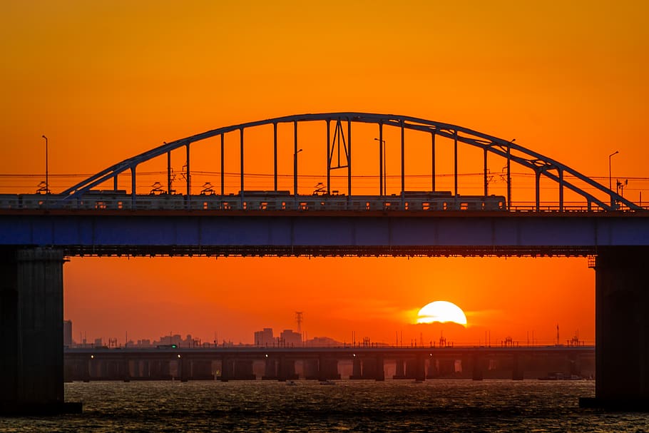 bridge, sunset, nature, travel, horizon, sea, ocean, beach HD wallpaper