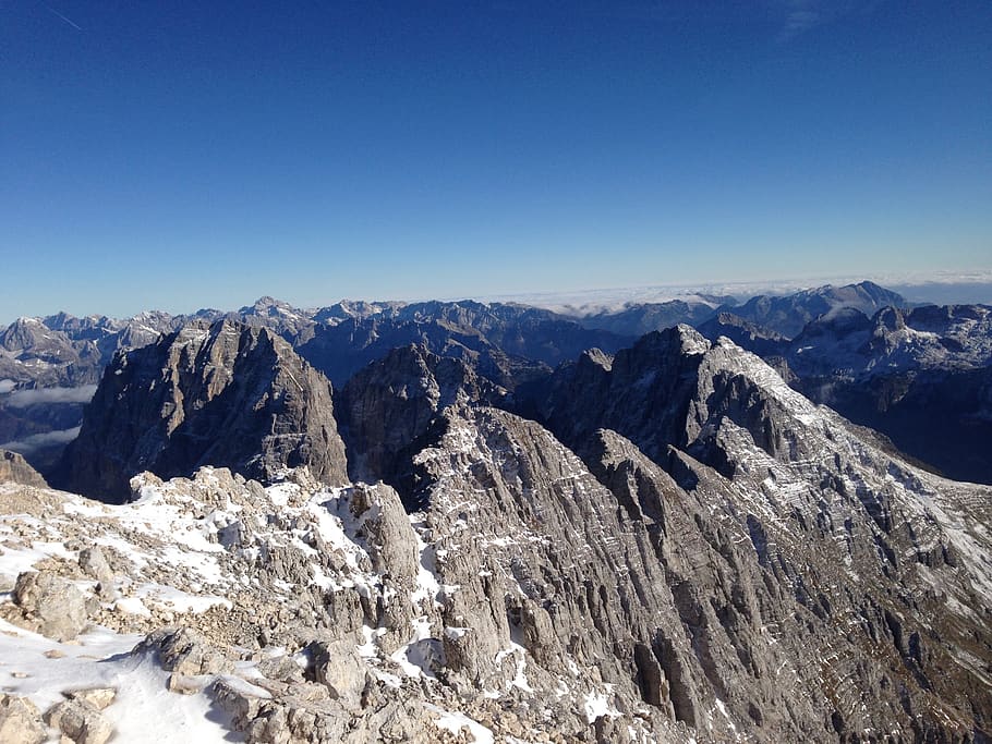 italy, jôf di montasio, mountains, rocks, snow, sky, clouds, HD wallpaper