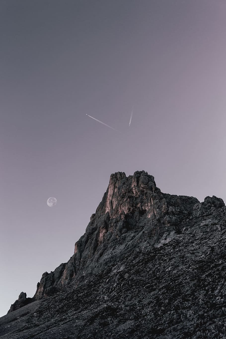 person showing mountain under clear sky, moon, plane, rock, stone HD wallpaper