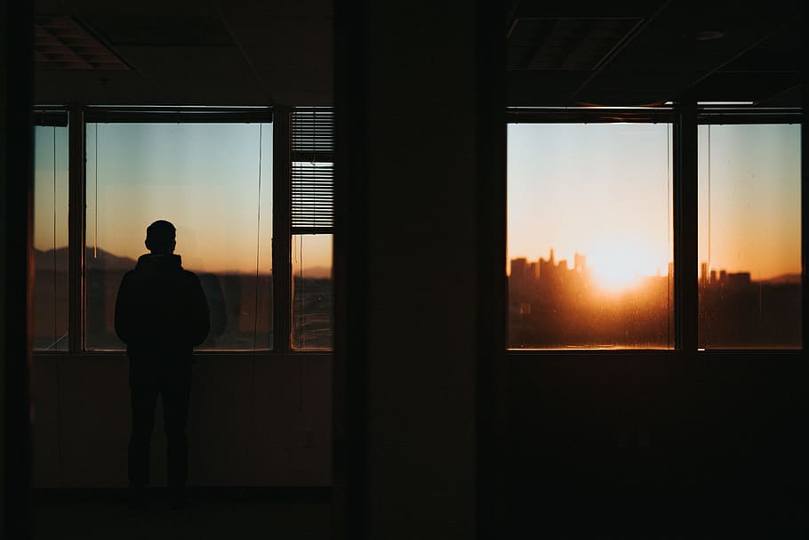 silhouette of person standing in front of window during golden hour, HD wallpaper