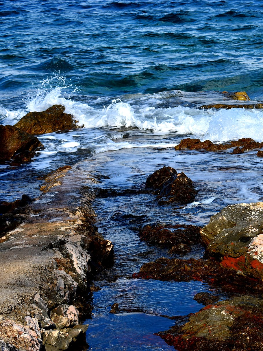 sea, wave, foam, shore, coast, reef, ocean, water, blue, surf HD wallpaper