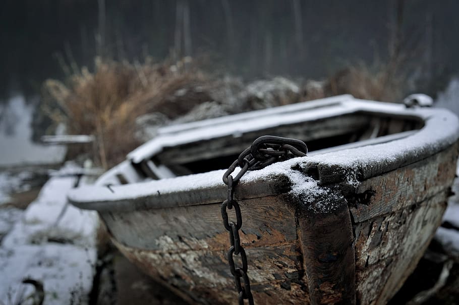 boat, snow, winter, river, mode of transportation, no people HD wallpaper