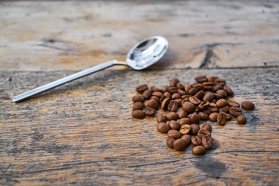Coffee Beans Beside Tea Spoon, caffeine, roasted coffee beans HD wallpaper