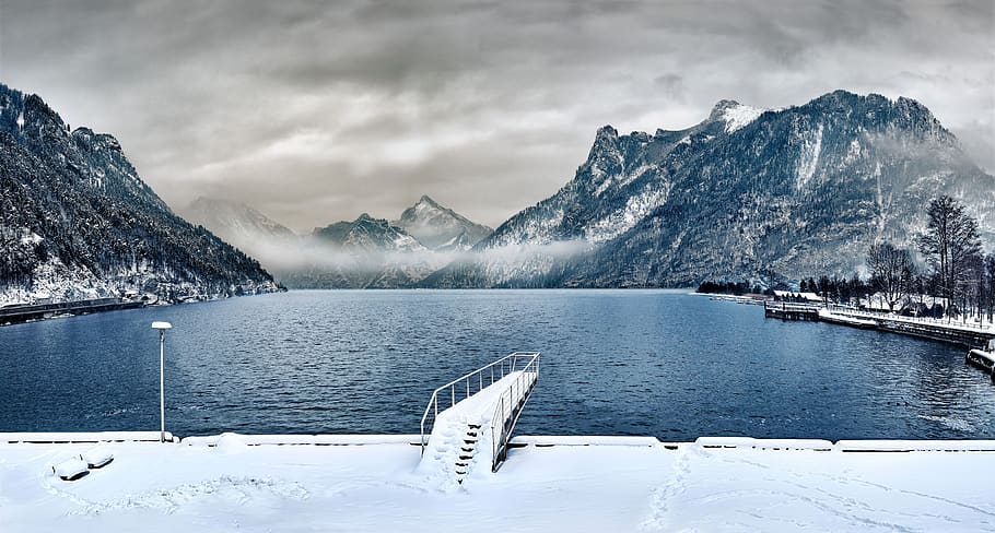 Dock Covered With Snow Near Lake, clouds, cold, fog, frost, frosty HD wallpaper