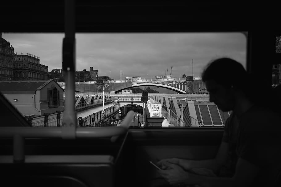 bus, window, man, bridge, meditation, reading, architecture HD wallpaper