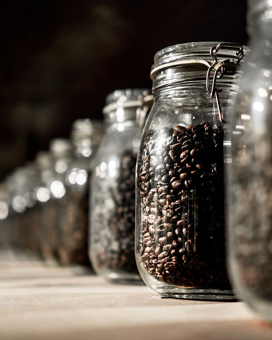 clear glass jar filled with coffee bean lot, plant, food, produce, HD wallpaper