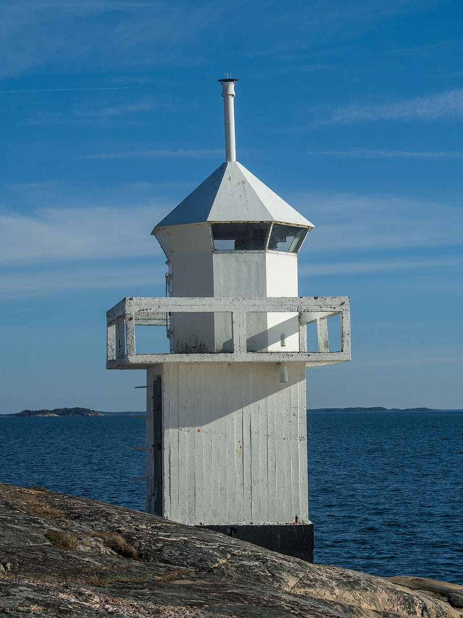 lighthouse, shore, sea, view, rust, old, by the sea, sky, water HD wallpaper