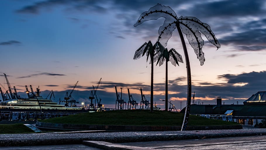 hamburg, port, park, fiction, maritime, harbour cranes, water, HD wallpaper