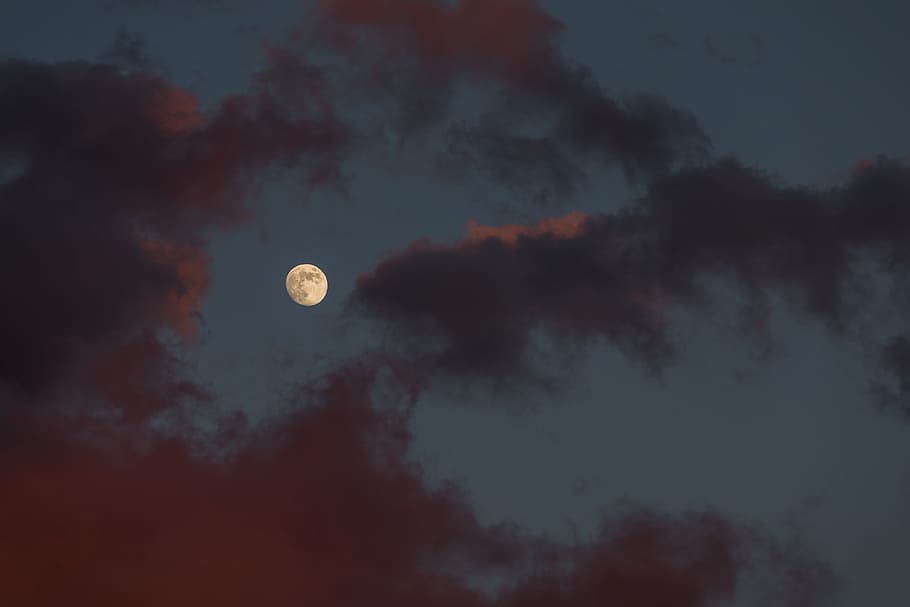 silhouette photo of moon, cloud, sky, red, blue, color, night HD wallpaper