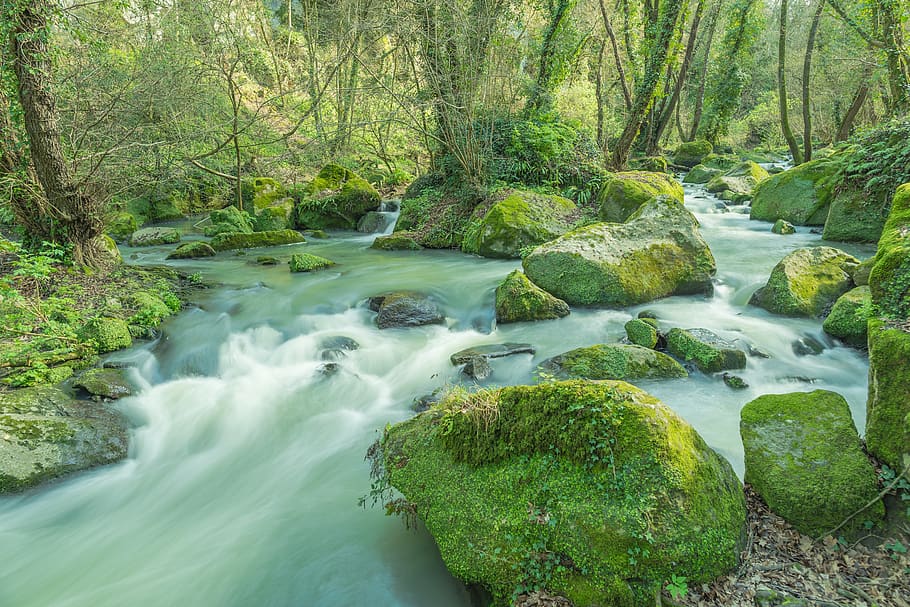 stream, waterfall, nature, flow, source, rocks, landscape, river HD wallpaper