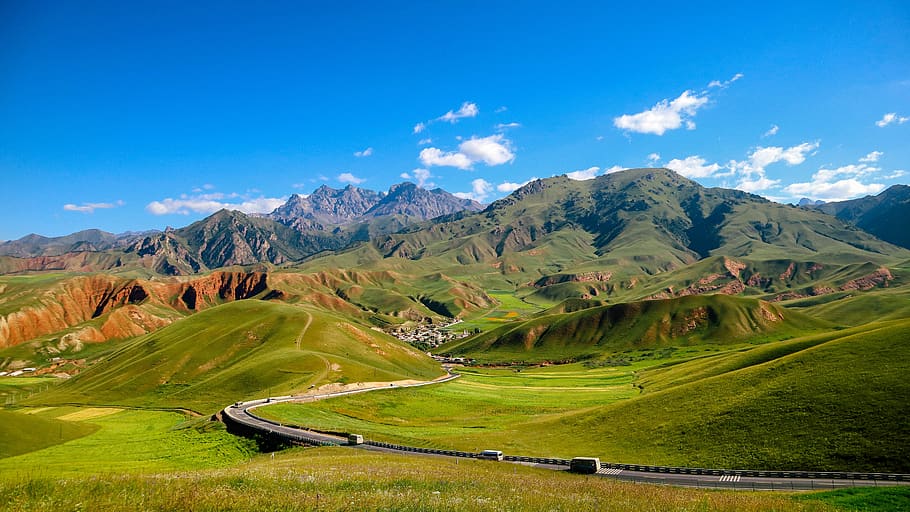 blue sky, mountain, highway, scenics - nature, landscape, environment HD wallpaper
