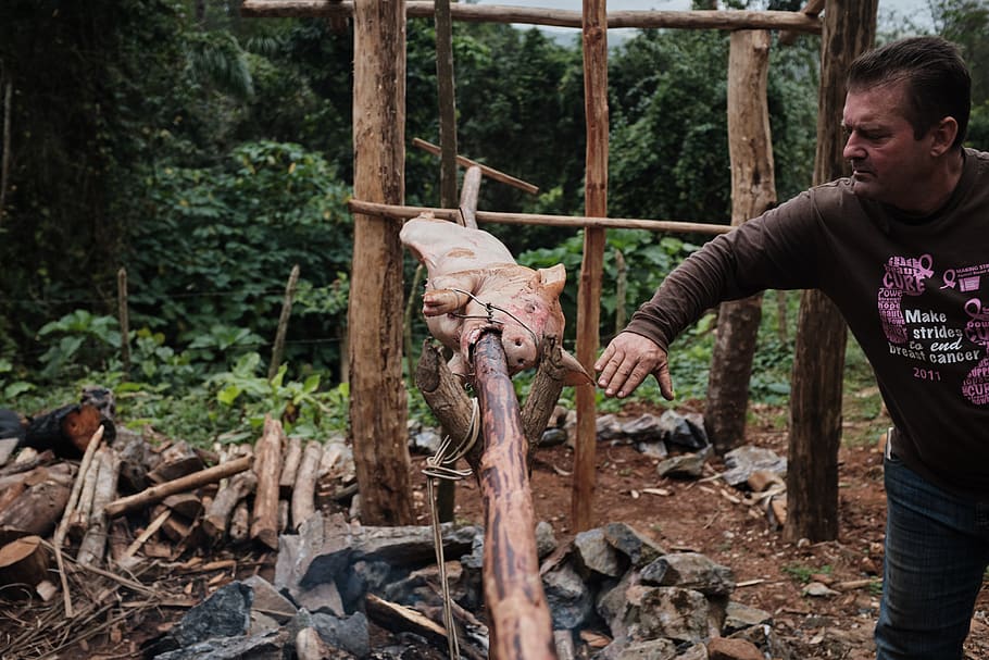 man beside roasted meat, wood, person, human, soil, outdoors HD wallpaper