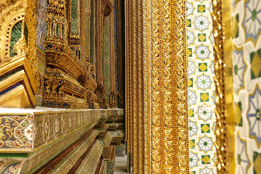 gold, wall, pattern, design, style, surface, decorative, thailand HD wallpaper