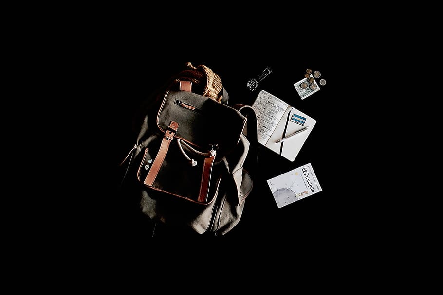 travel, bag, backpack, notebook, pennies, watch, black, black background HD wallpaper