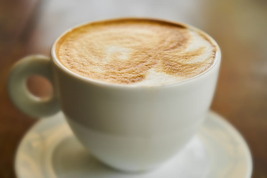 Cappuccino on White Teacup, background, beverage, blur, break HD wallpaper