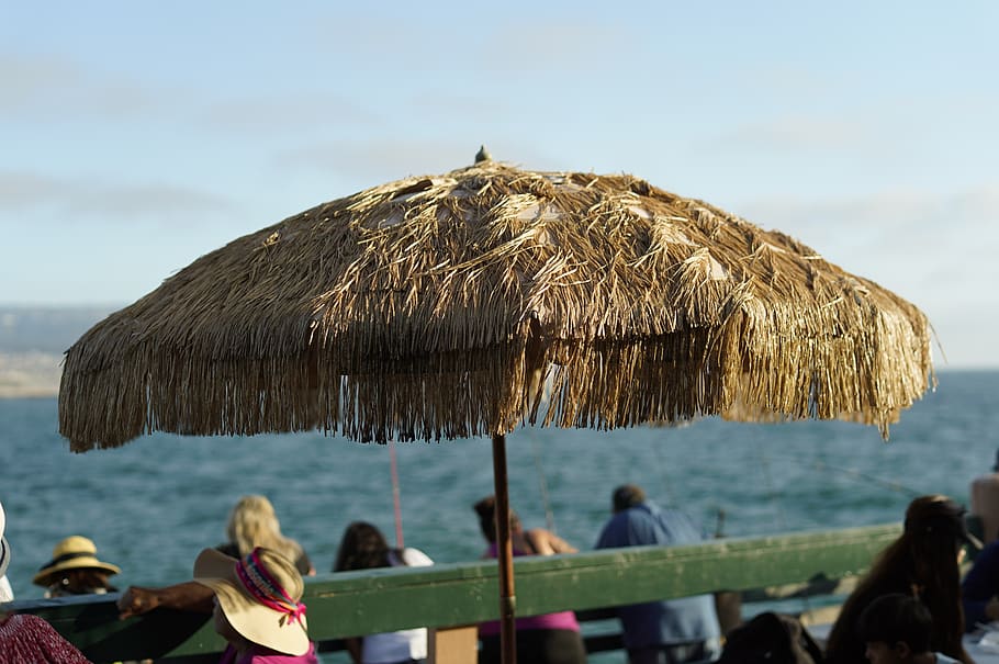 nipa umbrella, people, person, human, sea, bench, redondo beach HD wallpaper