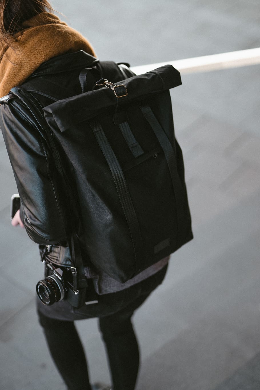 black backpack and DSLR camera, one person, real people, men HD wallpaper