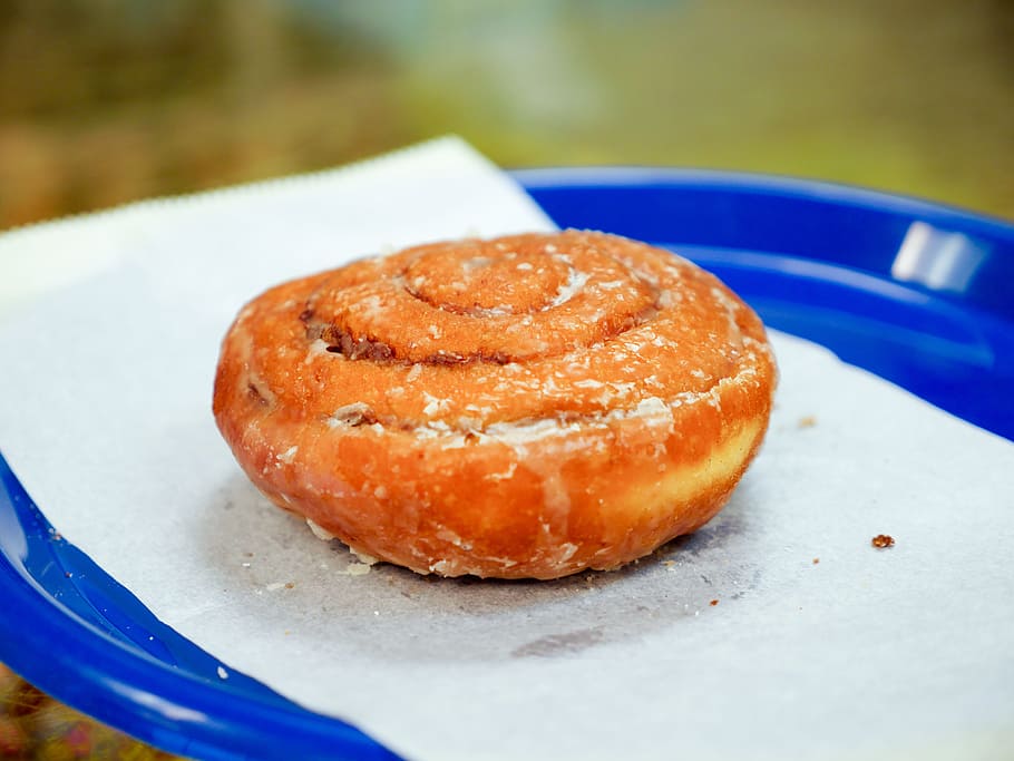 A close up shot of an orange roll sitting on a blue plate, bakery HD wallpaper