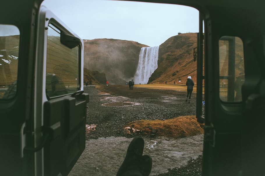 people standing around waterfall, transportation, real people HD wallpaper