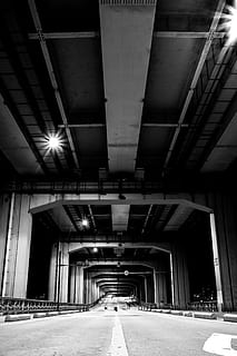 gray bridge structure, road, underneath, light, dark, empty, road trip HD wallpaper