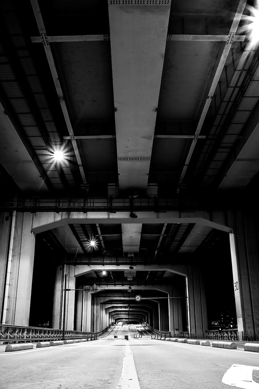 gray bridge structure, road, underneath, light, dark, empty, road trip HD wallpaper