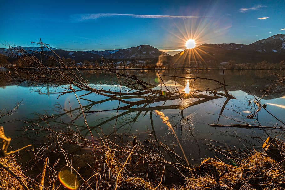 long exposure, sun, sunset, landscape, sky, water, abendstimmung HD wallpaper
