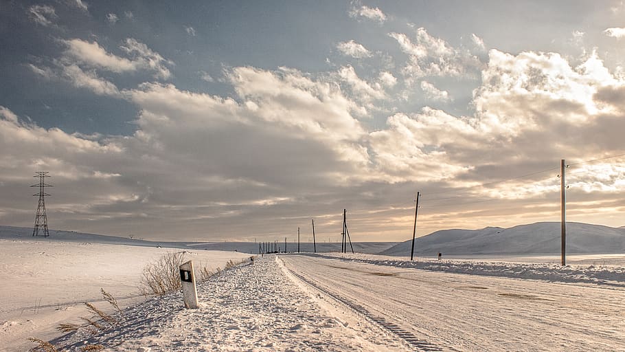 lanscape, road, clouds, snow, winter, cloud - sky, cold temperature HD wallpaper