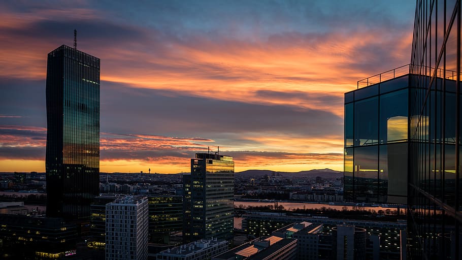 vienna, sunset, skyline, skyscraper, landmark, modern, building HD wallpaper