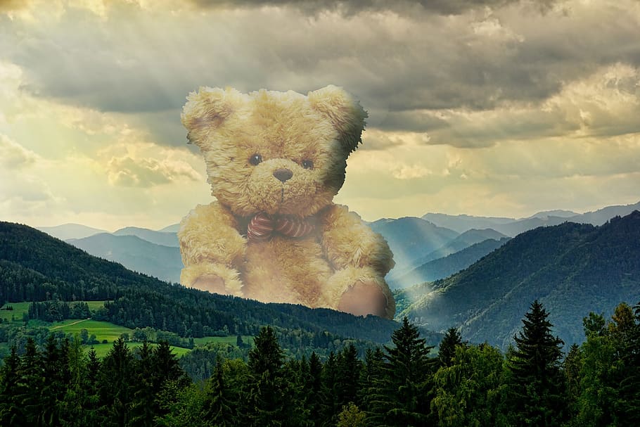 teddy, bear, giant, distant, mist, atmosphere, hills, sky, fog HD wallpaper
