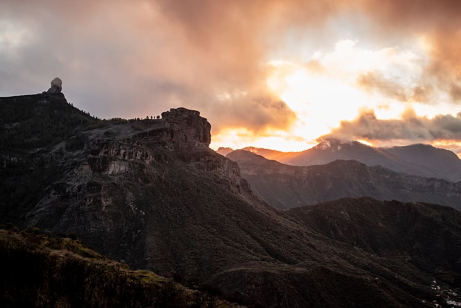 nature, outdoors, mountain, mountain range, sunlight, sky, red sky HD wallpaper