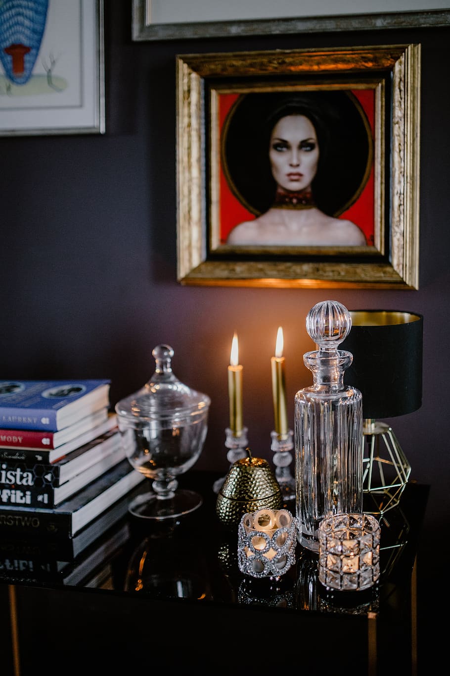 Decanter, candles, and a painting on the wall, interior, home HD wallpaper