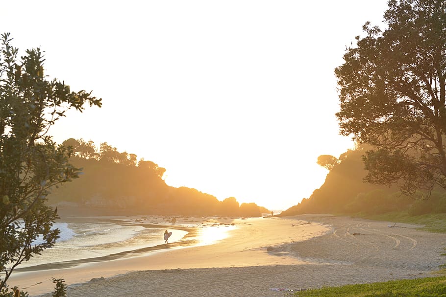 beach, ocean, sunrise, sunset, outdoors, surf, surfer, golden HD wallpaper