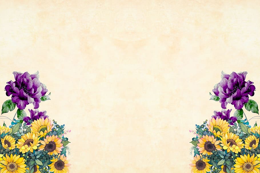 Purple and Yellow flowers on corners of light background., watercolor, HD wallpaper