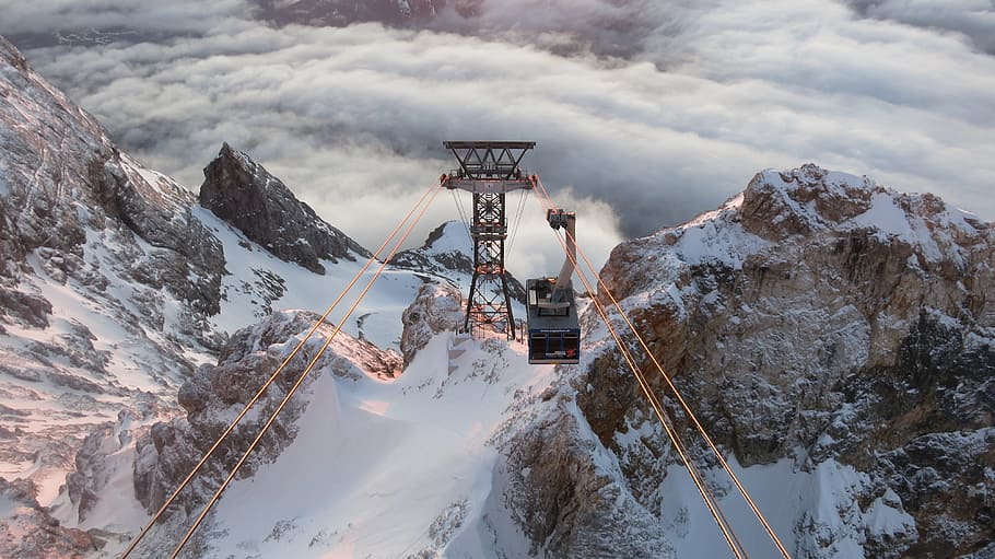 aerial photo of cable car, downhill, cloud, fog, glow, sundown HD wallpaper