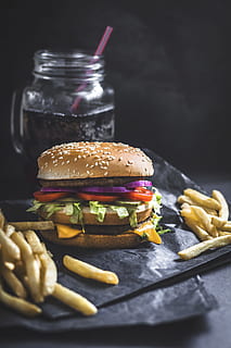 hamburger and fries, drink, jar, straw, salad, eat, food, fast food HD wallpaper