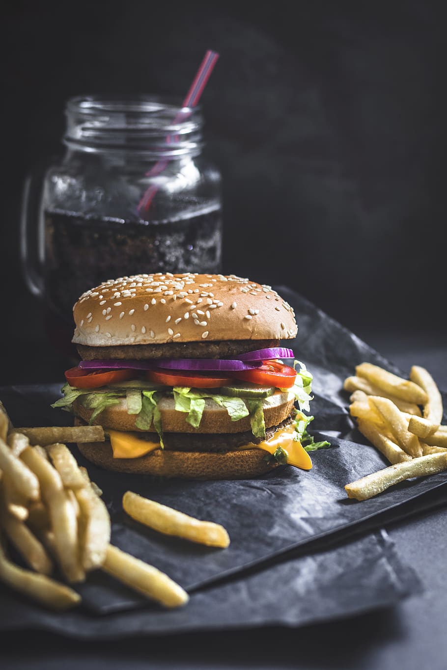 hamburger and fries, drink, jar, straw, salad, eat, food, fast food, HD wallpaper