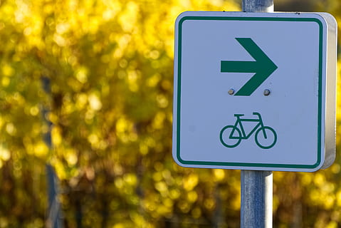 bicycle path, shield, characters, symbol, fall foliage, autumn colours HD wallpaper