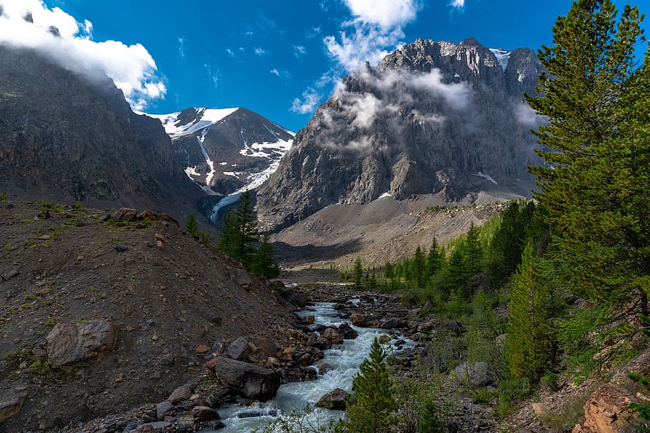 creek, sky, stream, landscape, nature, river, trees, clouds HD wallpaper